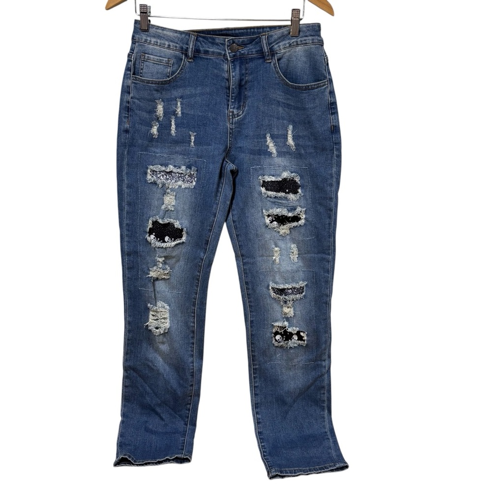 Distressed Skull Patch‎ Denim Jeans Ripped Straight Leg Punk Rock #649